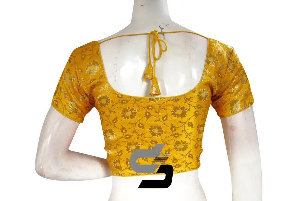 Yellow Color Premium Banaras Brocade Silk Readymade Saree Blouse - D3blouses