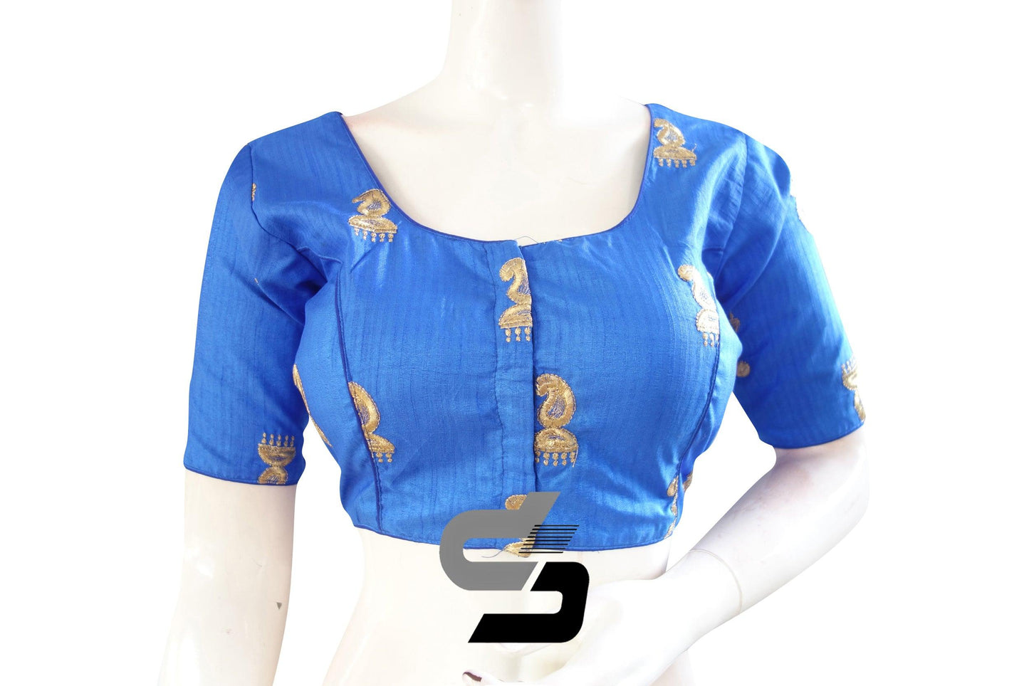 Royal Blue Color Semi Silk Embroidery Designer, Party Wear Readymade Blouse/ Indian Crop Tops - D3blouses