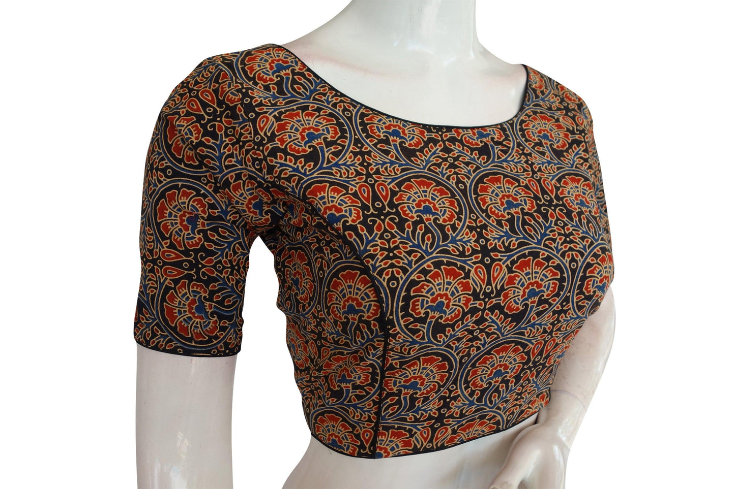 Black Color Ajrakh Cotton Boat Neck Saree Designer Blouse