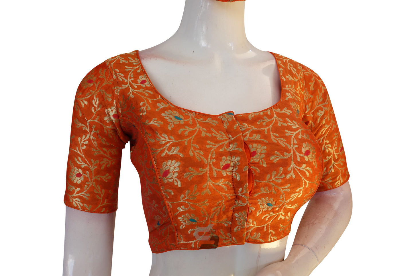 Orange Color Banaras Brocade Silk Readymade Saree Blouse With Matching Mask