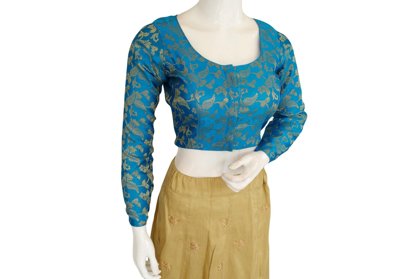 blue color brocade silk designer readymade blouse with full sleeves