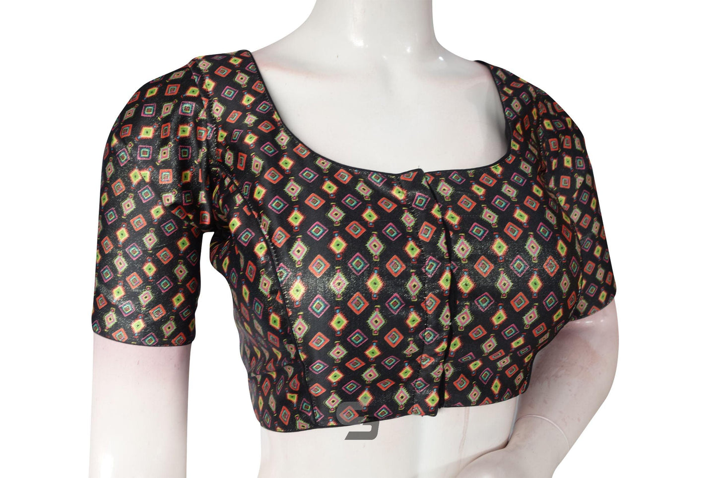 Black Multi Color Satin Readymade Saree Blouse with Matching Face Mask. - D3blouses