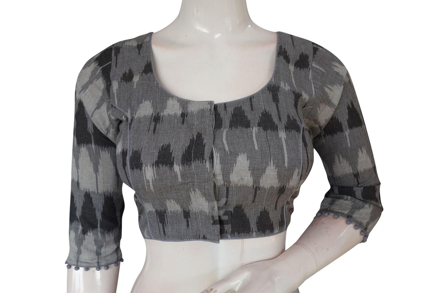 Grey Color Ikkat Cotton Readymade Saree Blouse With 3/4 th Sleeves - D3blouses
