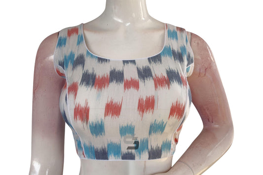 Elevate your ethnic look with our stunning White Multi-Color Ikkat Designer Readymade Saree Blouse, blending vibrant hues and traditional charm for a timeless appeal.
