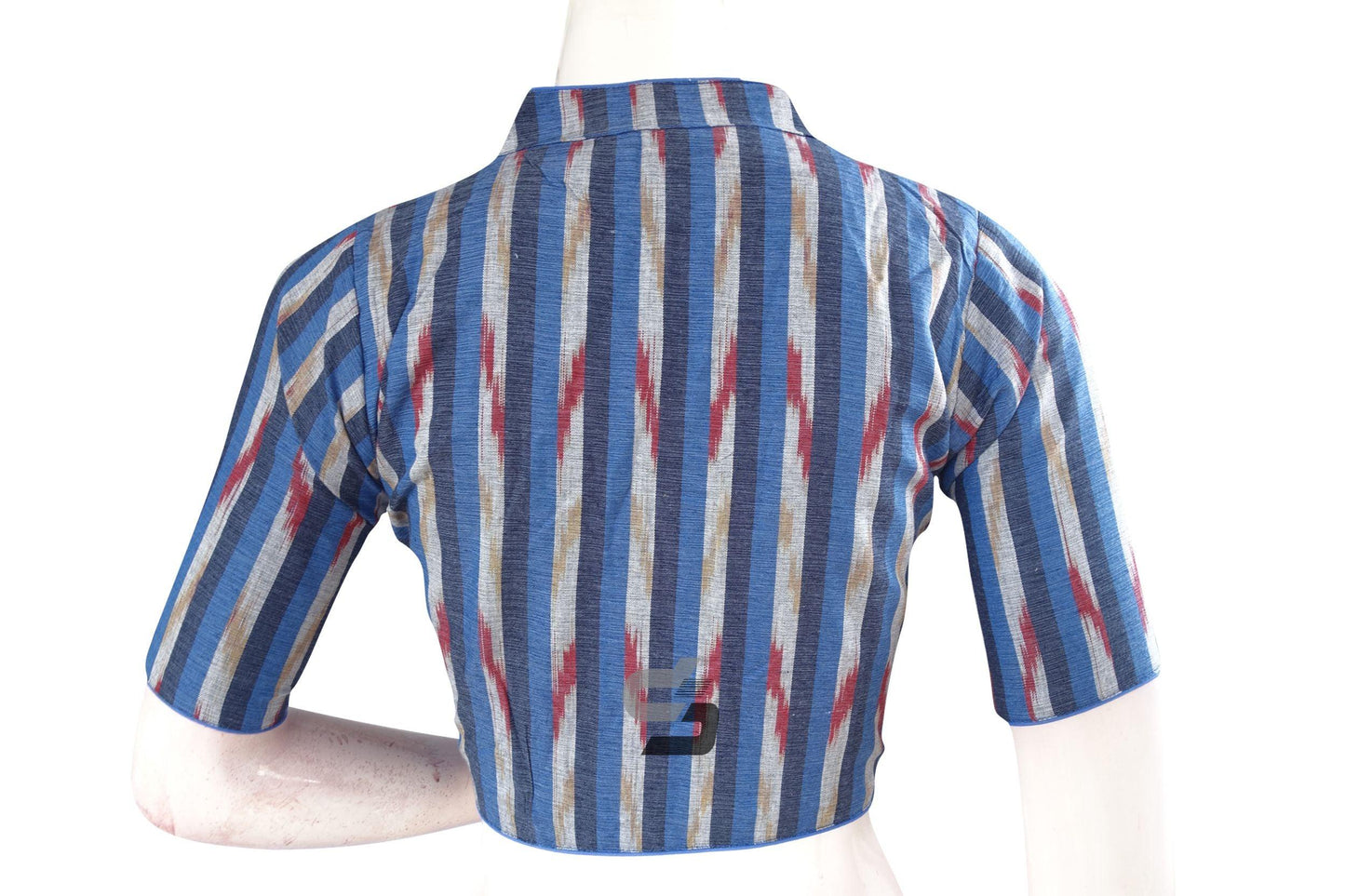 Stunning Navy Blue Multi-Color Ikkat Cotton Designer Blouse with Collar - D3blouses