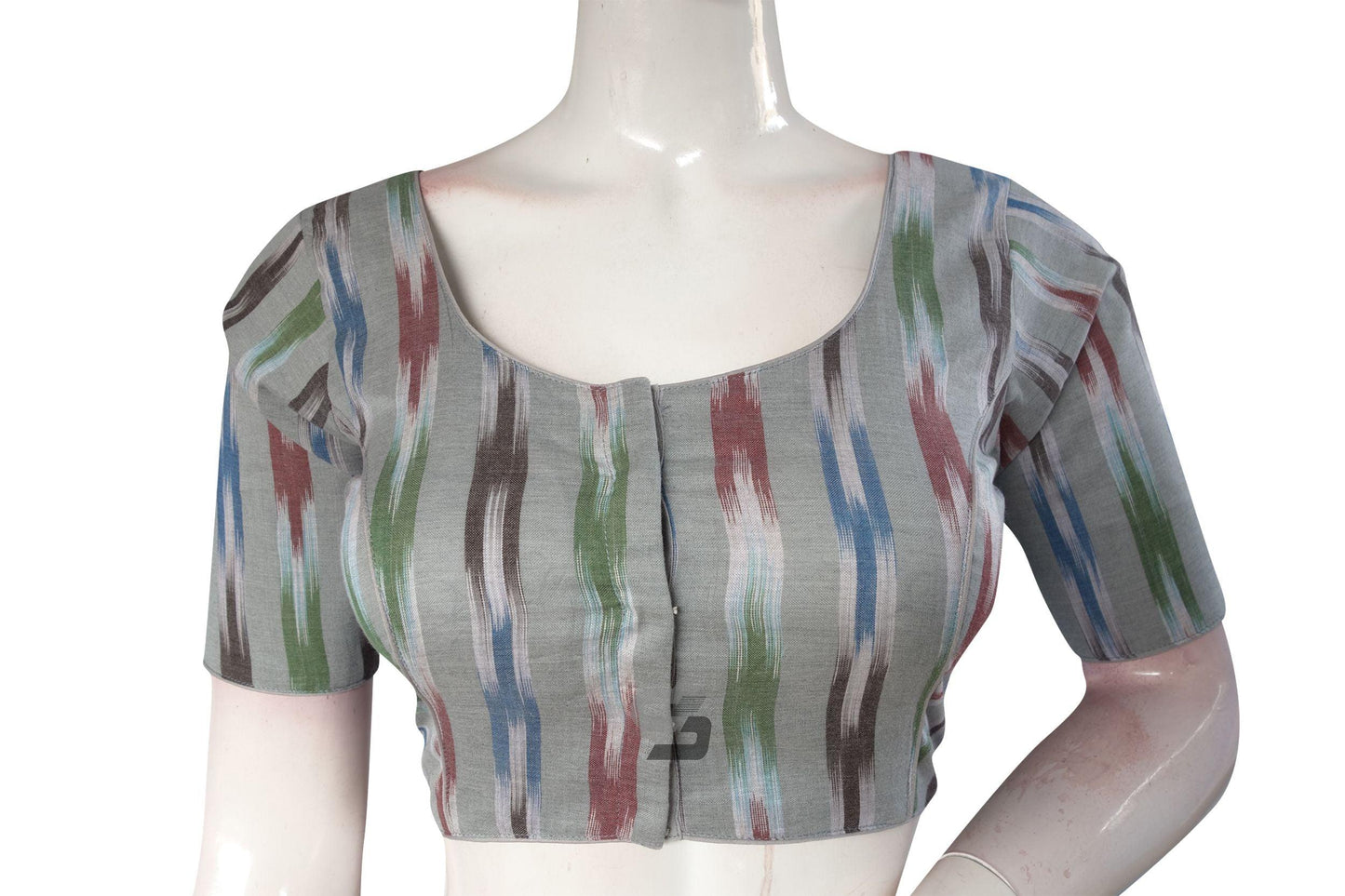 Grey Multi Color Ikkat Cotton Readymade Saree Blouse - D3blouses