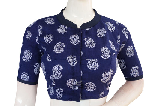 Indigo Color Cotton Designer Collar Neck Readymade Blouse With Matching Mask - D3blouses