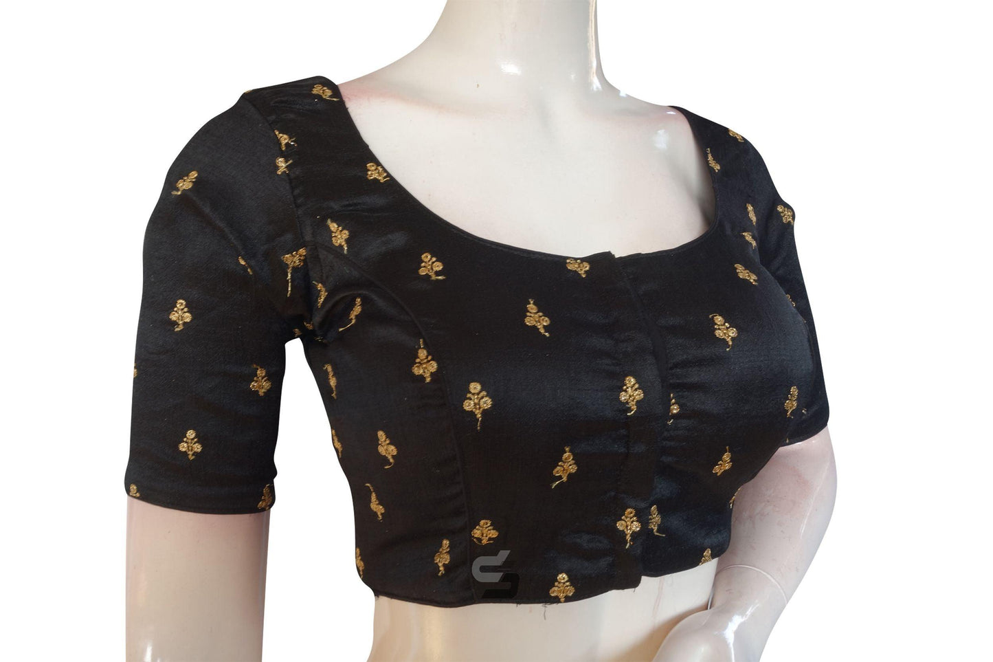 Black Color Semi Silk Butta Embroidery Readymade Blouse With Matching Mask - D3blouses