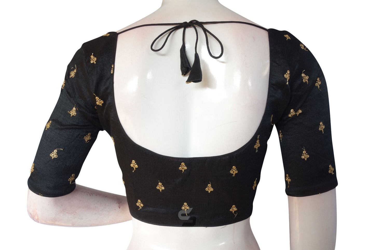 Black Color Semi Silk Butta Embroidery Readymade Blouse With Matching Mask - D3blouses