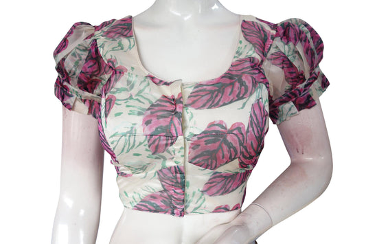 Elevate your style with "Pearl Elegance," our Off-White Organza Fancy Frill Puff Sleeves Readymade Blouse for Sarees, exuding sophistication and grace with its elegant design and charming puff sleeves.