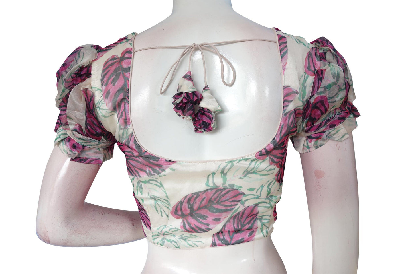 Off White color Organza Fancy Frill Puff Sleeves Readymade Blouse for Sarees - D3blouses