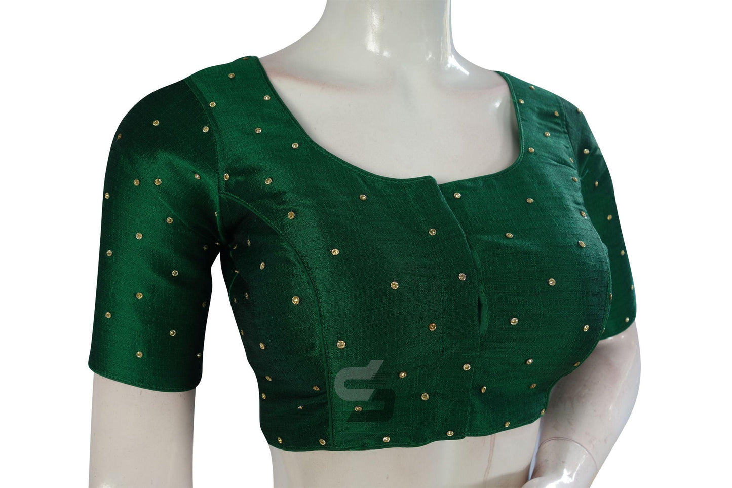 Dark Green Color Plain Moti Stone Work Indian Saree Readymade Blouse - D3blouses