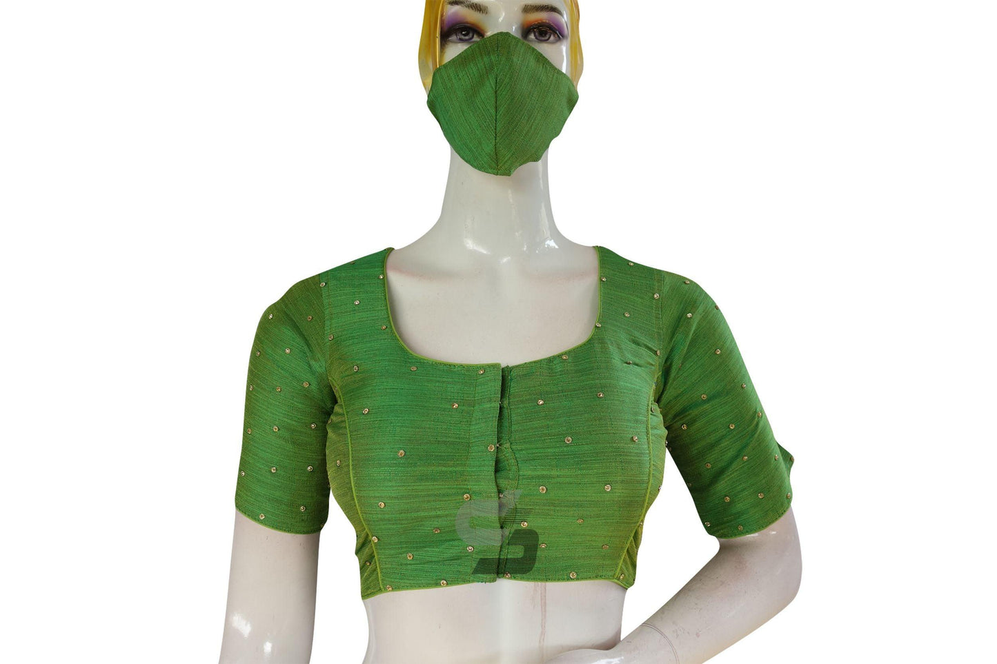 Green Color Plain Moti Stone Work Indian Saree Readymade Blouse - D3blouses