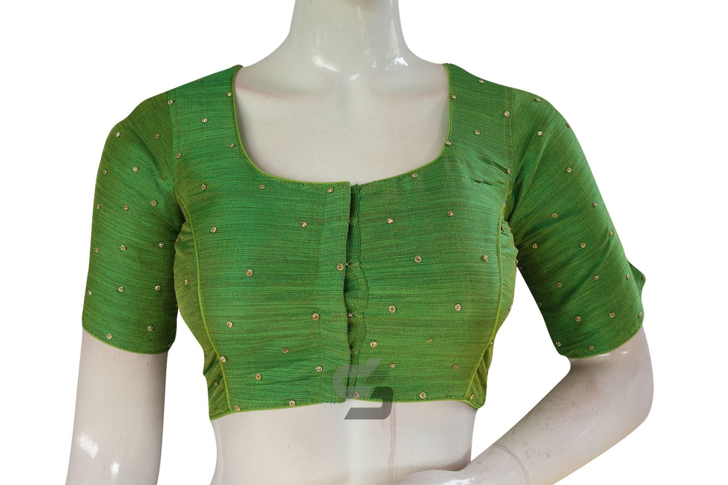 Green Color Plain Moti Stone Work Indian Saree Readymade Blouse - D3blouses