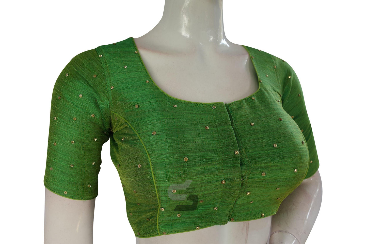 Green Color Plain Moti Stone Work Indian Saree Readymade Blouse - D3blouses