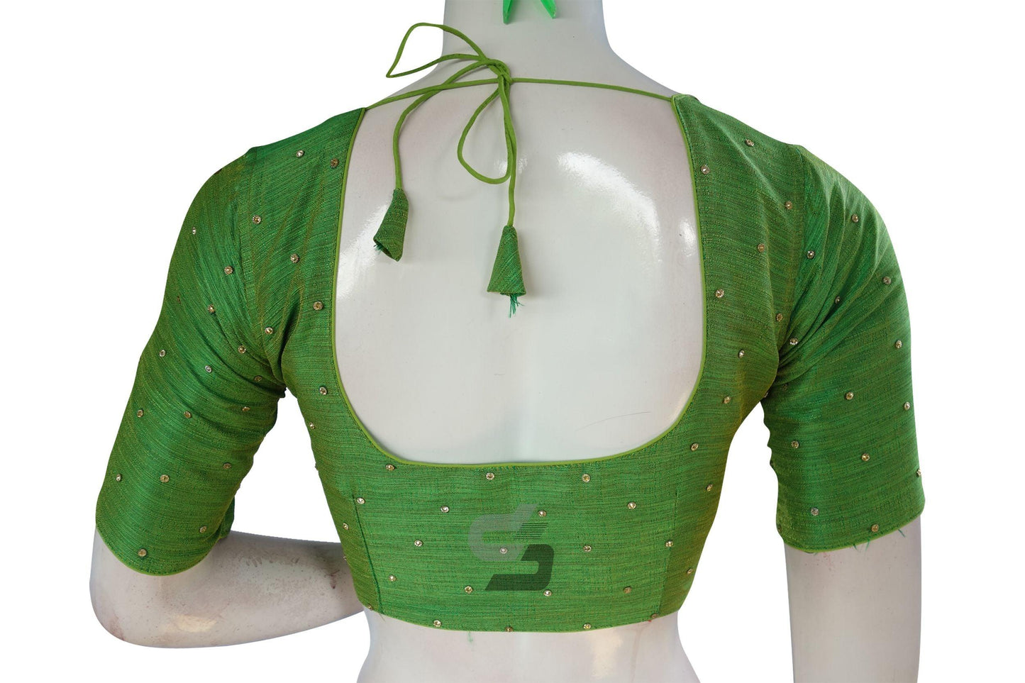 Green Color Plain Moti Stone Work Indian Saree Readymade Blouse - D3blouses