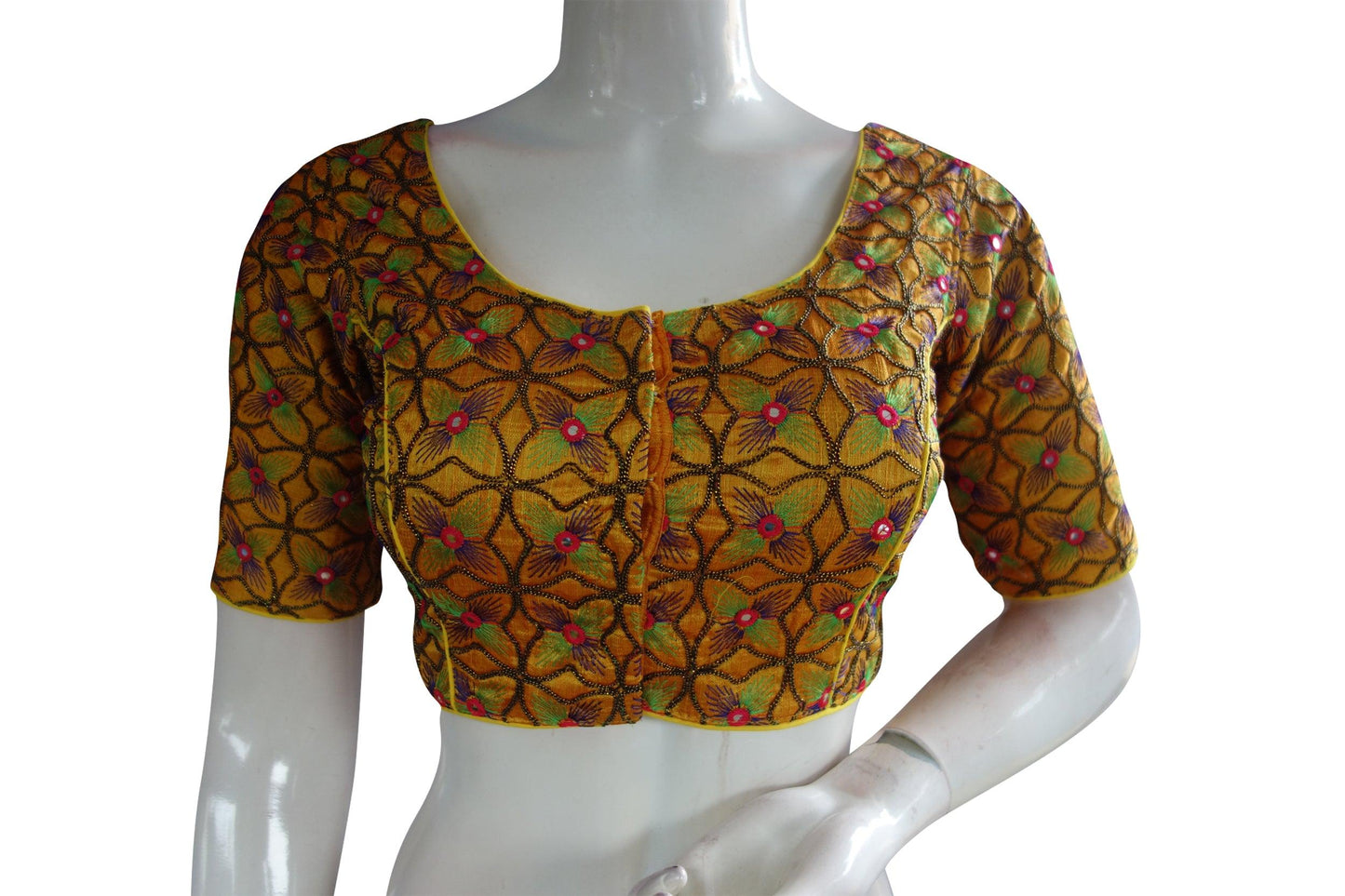 Mustard Yellow Color Peacock Embroidery Foil Mirror Readymade Saree Blouse - D3blouses