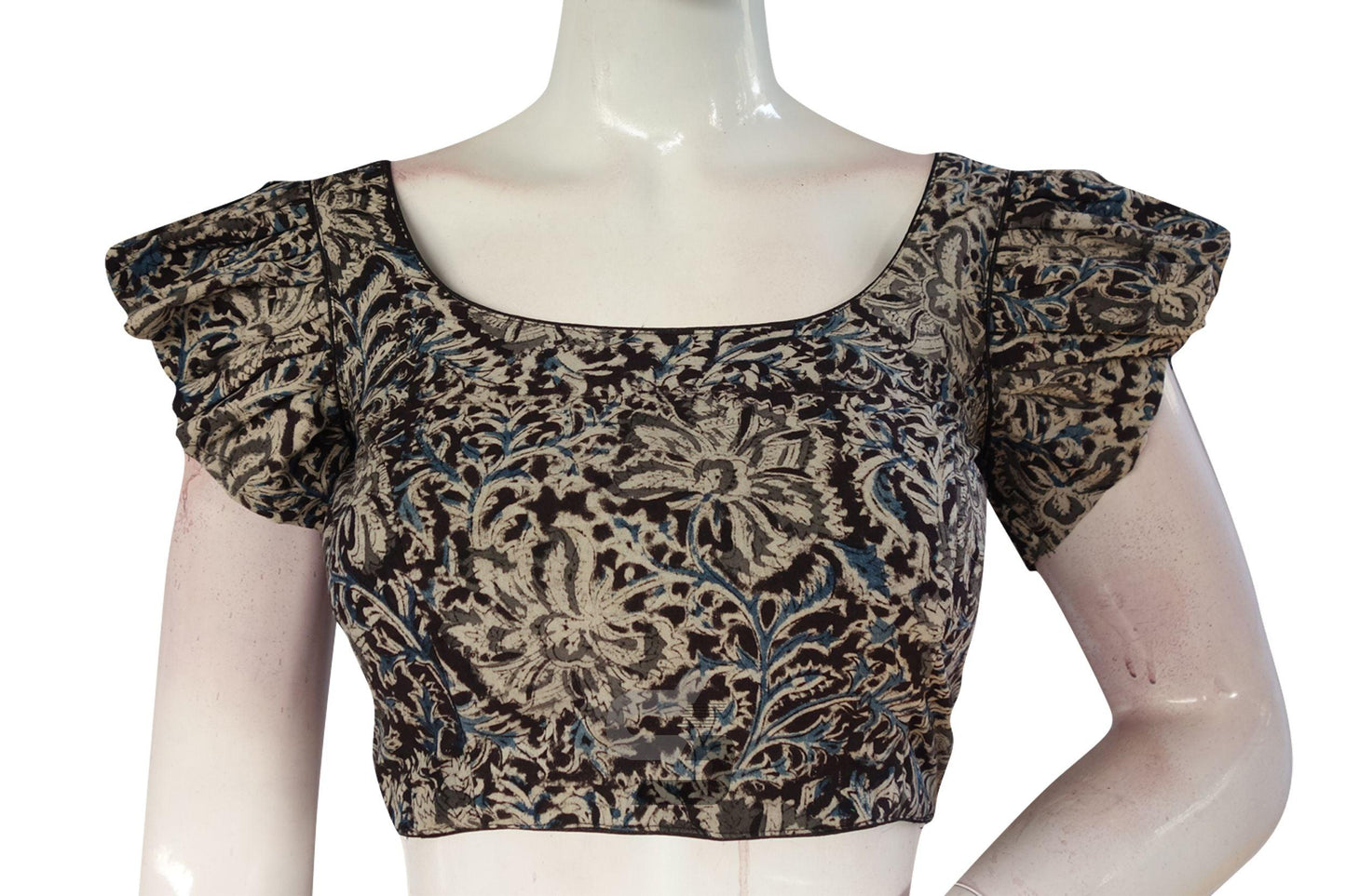 Black Color Kalamkari Cotton Designer Blouse with Ruffle Sleeves - D3blouses