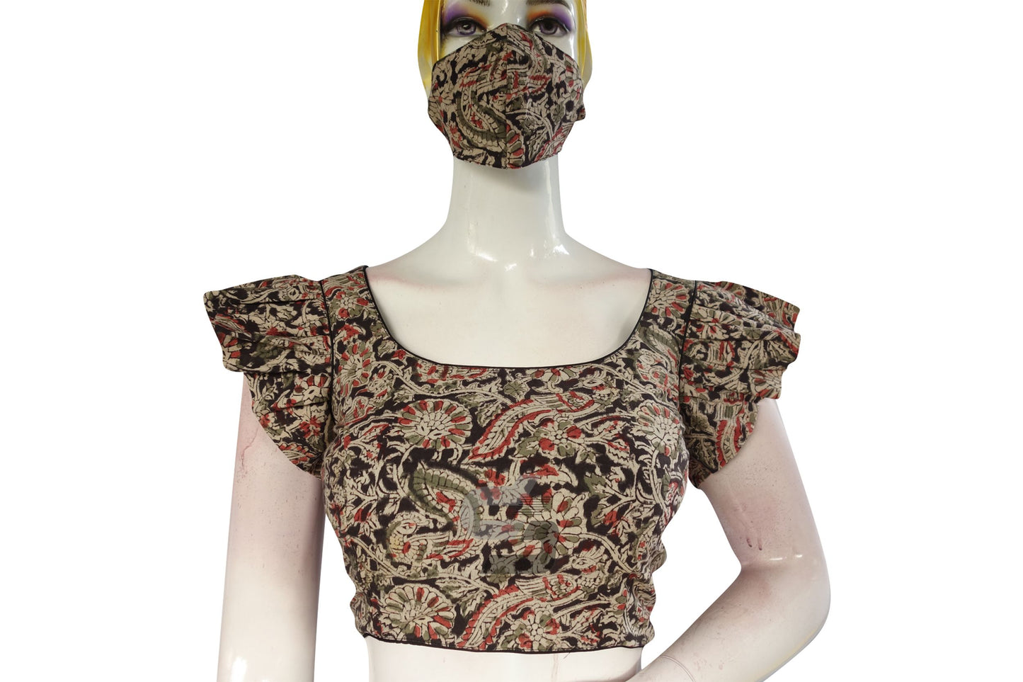 Black Color Kalamkari Cotton Designer Blouse with Ruffle Sleeves