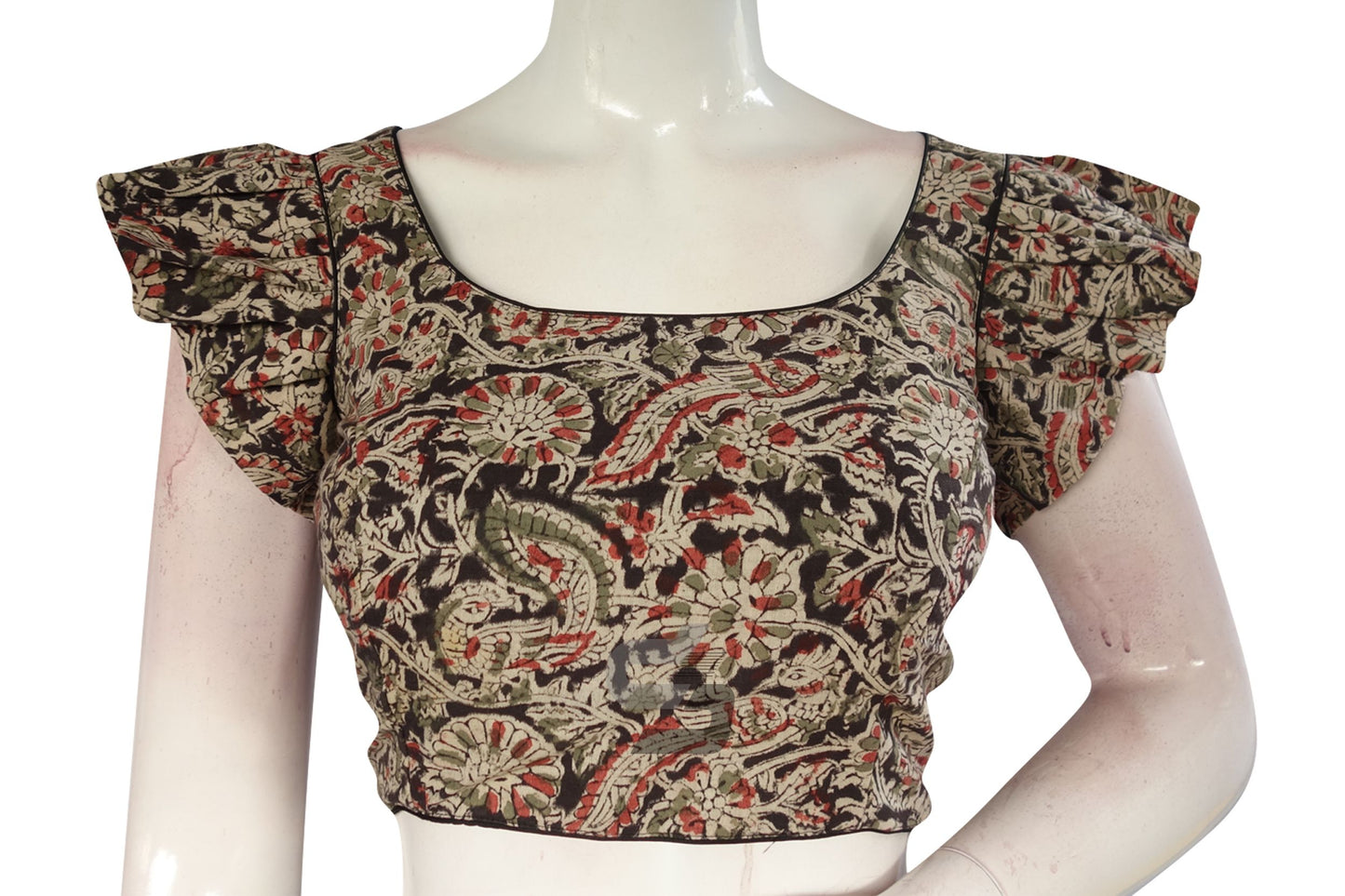 Black Color Kalamkari Cotton Designer Blouse with Ruffle Sleeves