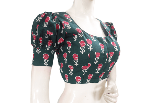 Green Color Cotton Designer Blouse With Puff Sleeves - D3blouses