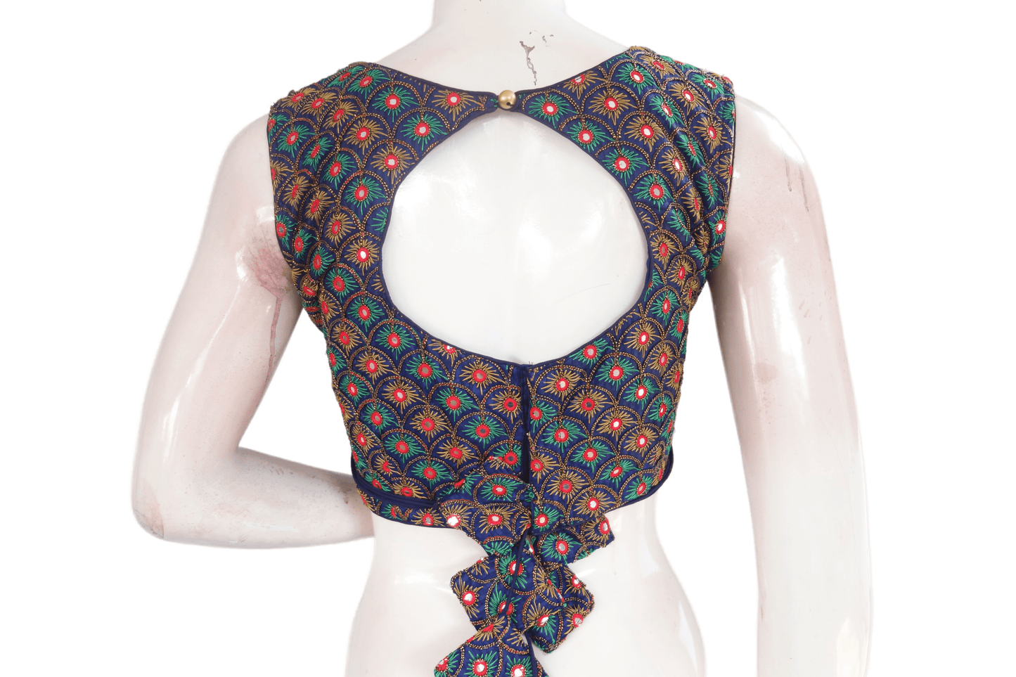 Navy Blue Color Peacock Embroidery Foil Mirror Boat Neck Designer Readymade Matching Saree Blouse - D3blouses