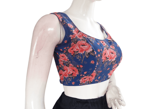 Navy Blue Color Designer Organza Sleeveless Readymade Saree Blouse With Tassels - D3blouses