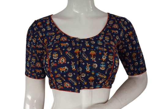 Navy Blue Color Patola Print Cotton Readymade Saree Blouse - D3blouses