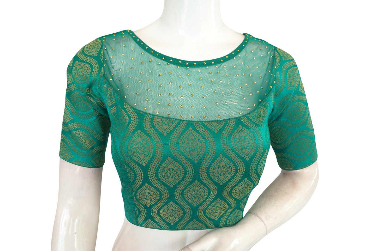 blue color brocade net designer indian silk saree readymade blouse 1