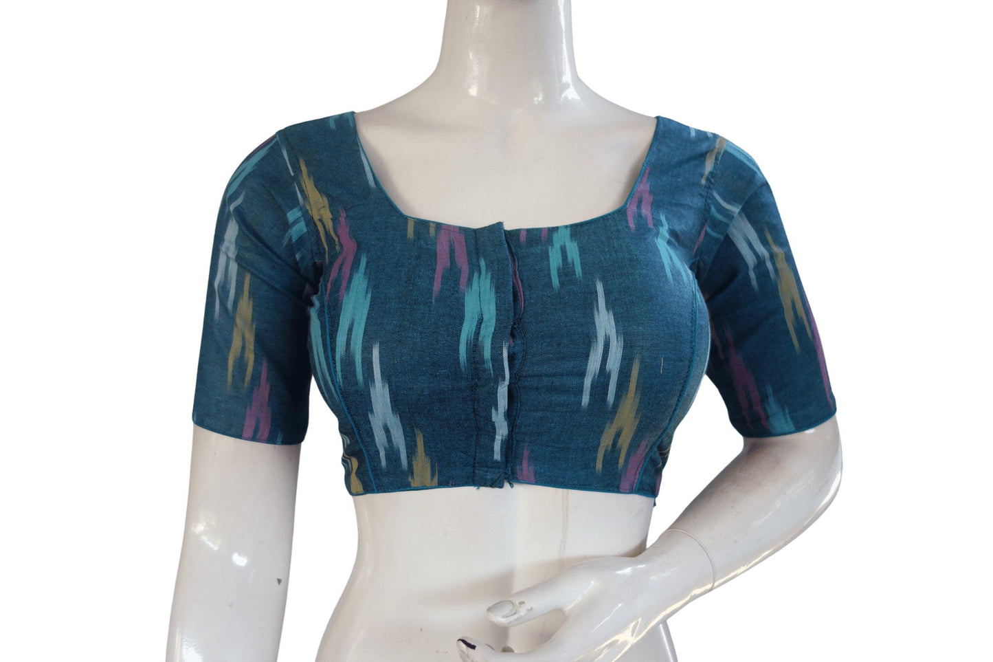 Teal Blue Color Ikkat Cotton Readymade Blouse - D3blouses