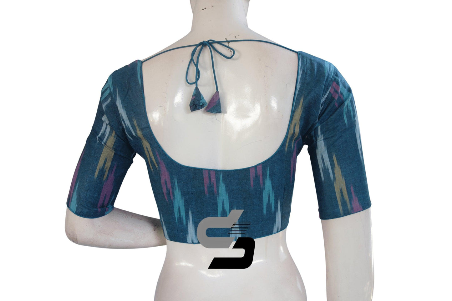 Teal Blue Color Ikkat Cotton Readymade Blouse - D3blouses
