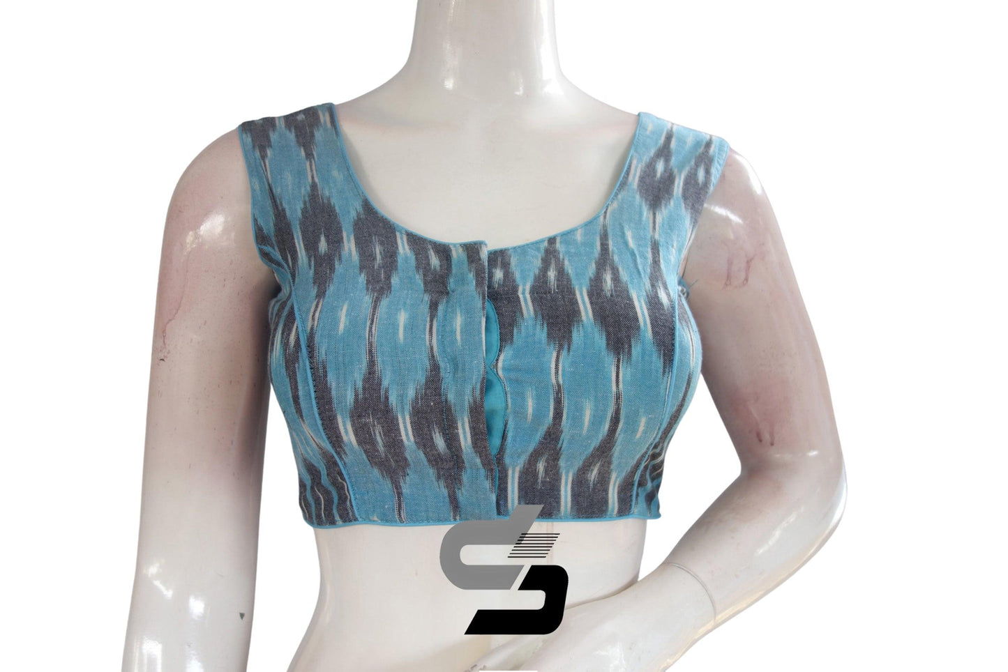Pastel Blue Color Ikkat Cotton Readymade Blouse - D3blouses