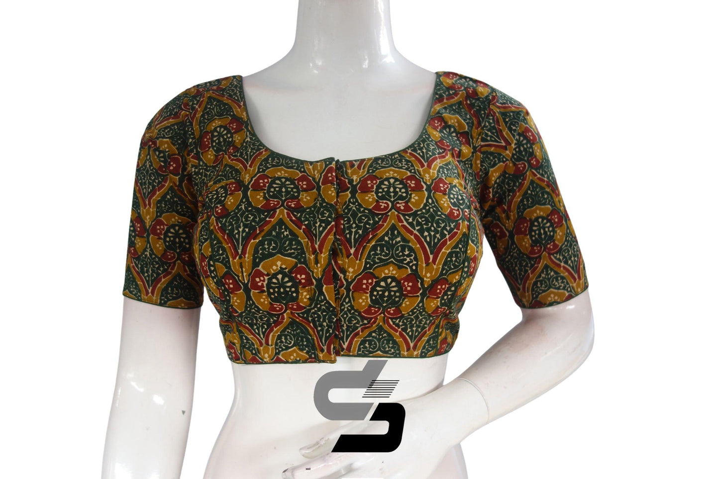 Dark Green Color Cotton Printed Readymade Saree Blouse - D3blouses