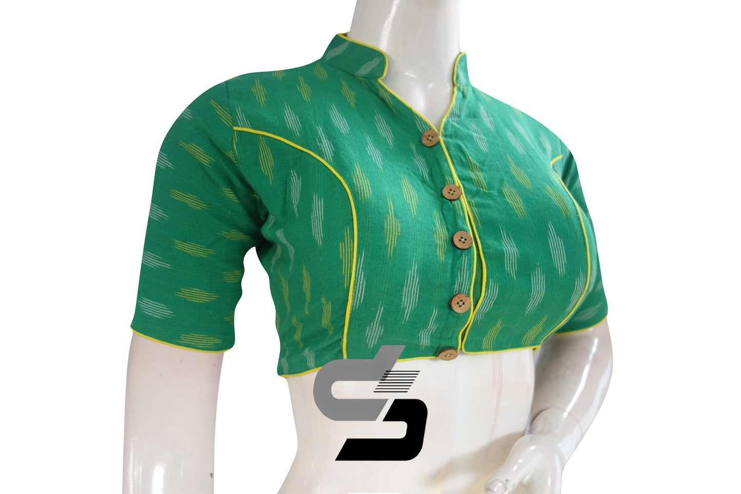 Step into unparalleled elegance with our Green Ikkat Collar Designer Readymade Blouse. Crafted to perfection, this blouse exudes sophistication and style, adding a touch of timeless charm to any ensemble. Elevate your look effortlessly with this exquisite piece of ethnic fashion.