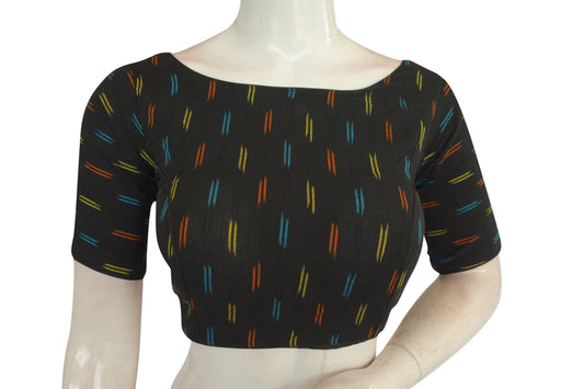 Elevate your casual style with our Black Ikkat Boat Neck Designer Saree Blouses. Offering a blend of comfort and sophistication, they're perfect for adding a touch of elegance to your everyday look.