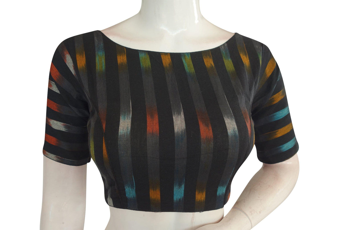 Elevate your style effortlessly with Black Ikkat Boat Neck Designer Readymade Saree Blouses. These chic blouses offer a flattering fit and timeless design, perfect for various occasions. Upgrade your wardrobe with the versatile elegance of our Black Ikkat Boat Neck Blouses.