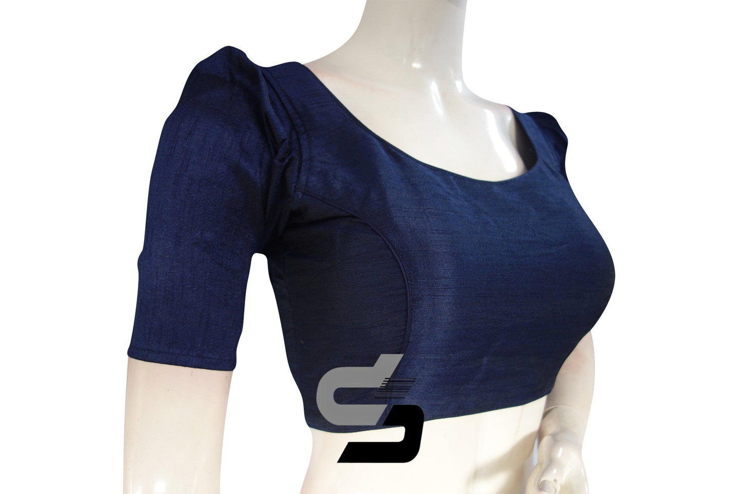 Navy Blue Color Plain Semi Silk Designer Readymade Saree Blouse with Retro Puff Sleeves - D3blouses