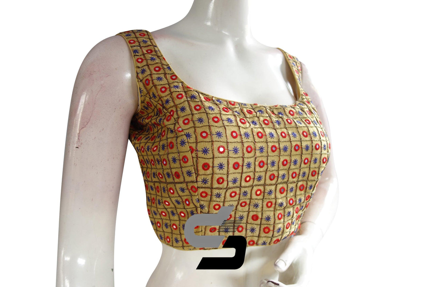Gold Color Designer Foil Mirror Embroidery Blouse With Tassels - D3blouses