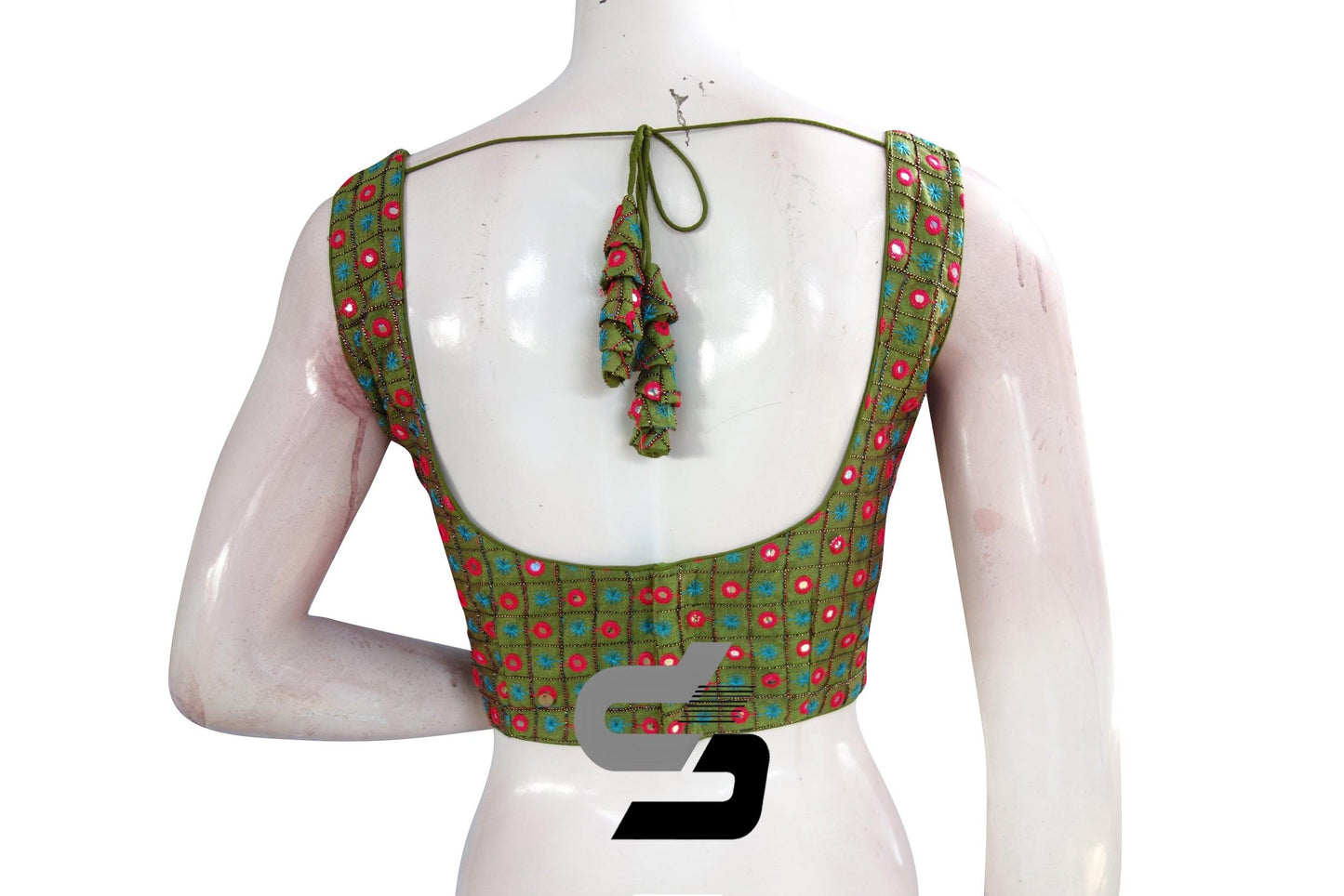 Olive Green Color Designer Foil Mirror Embroidery Blouse With Tassels - D3blouses