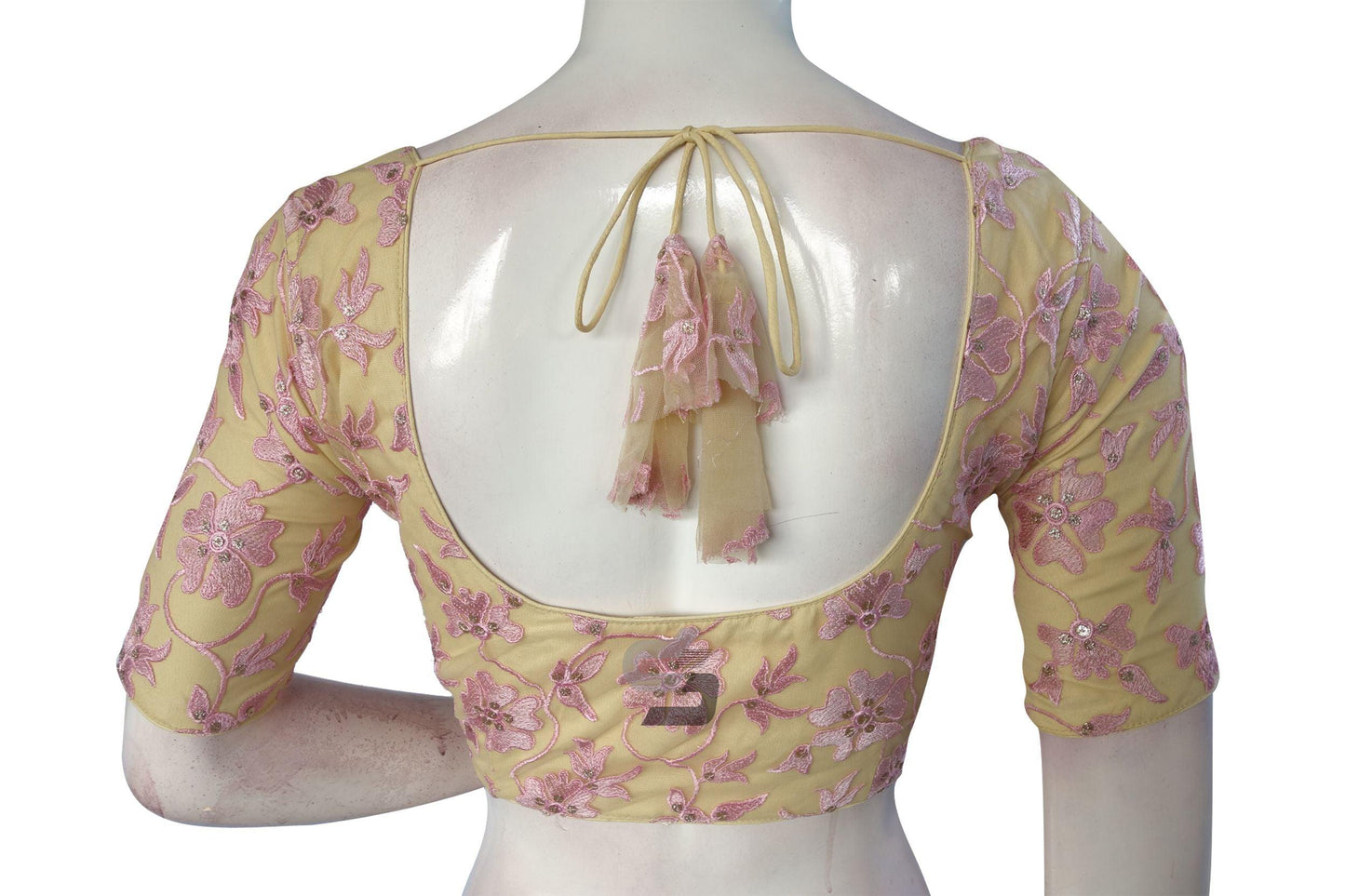 Pastel Yellow Color Netted Embroidery Designer Readymade Blouse - D3blouses