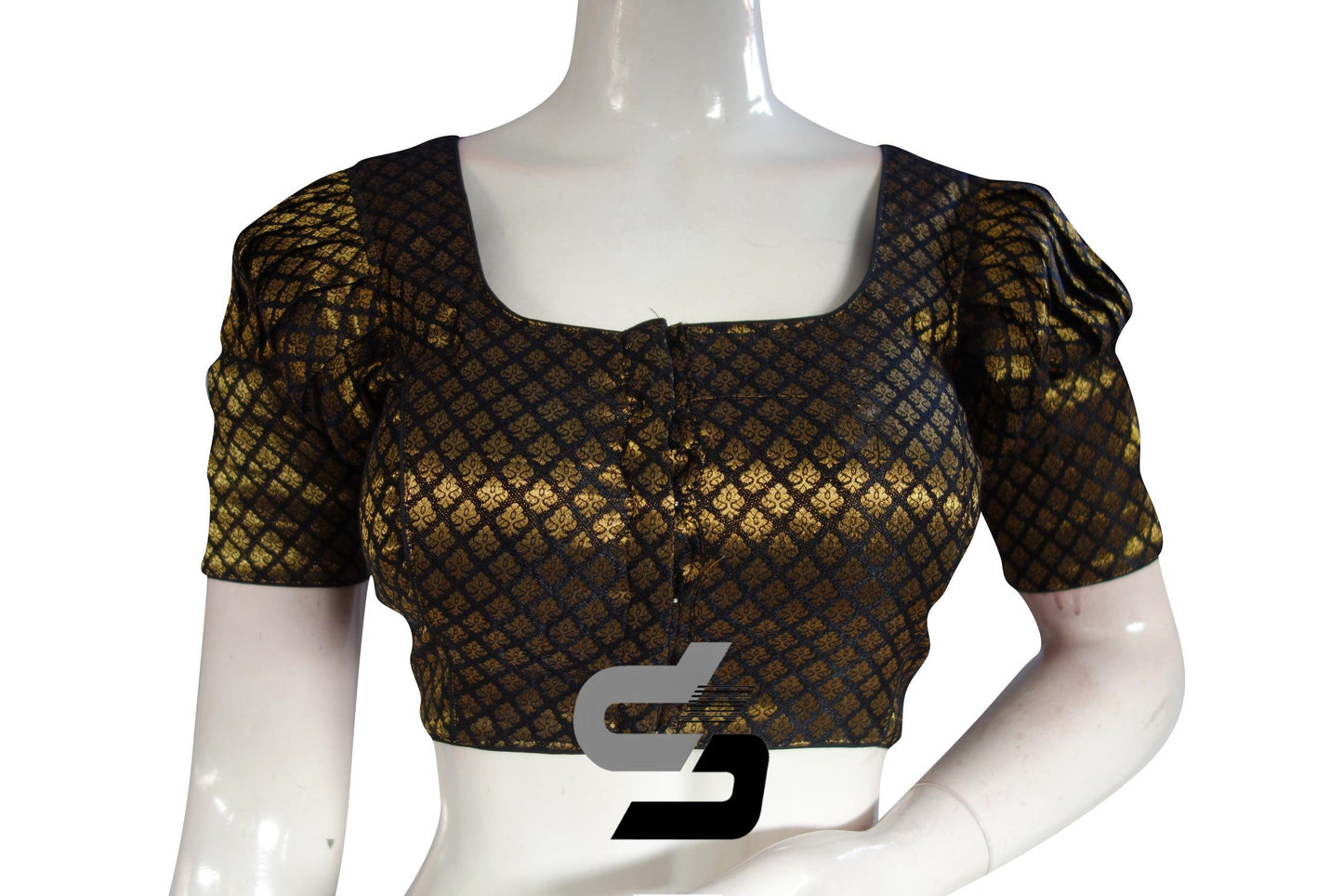 Black Color Brocade Silk Puff Sleeves Readymade Saree Blouse - D3blouses