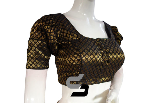 Black Color Brocade Silk Puff Sleeves Readymade Saree Blouse - D3blouses