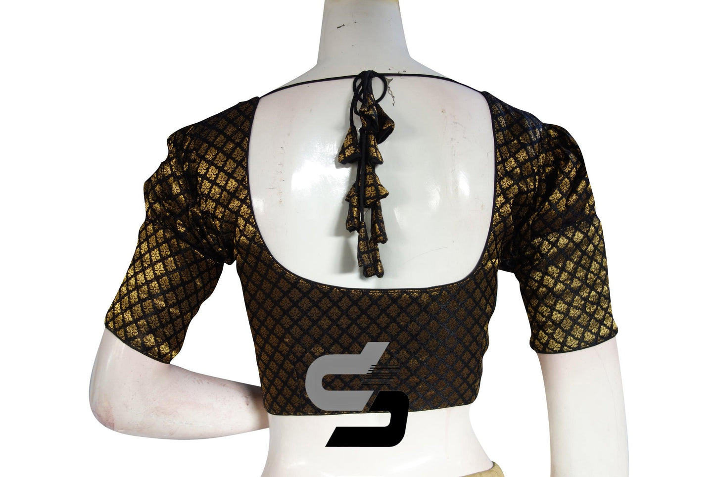 Black Color Brocade Silk Puff Sleeves Readymade Saree Blouse - D3blouses