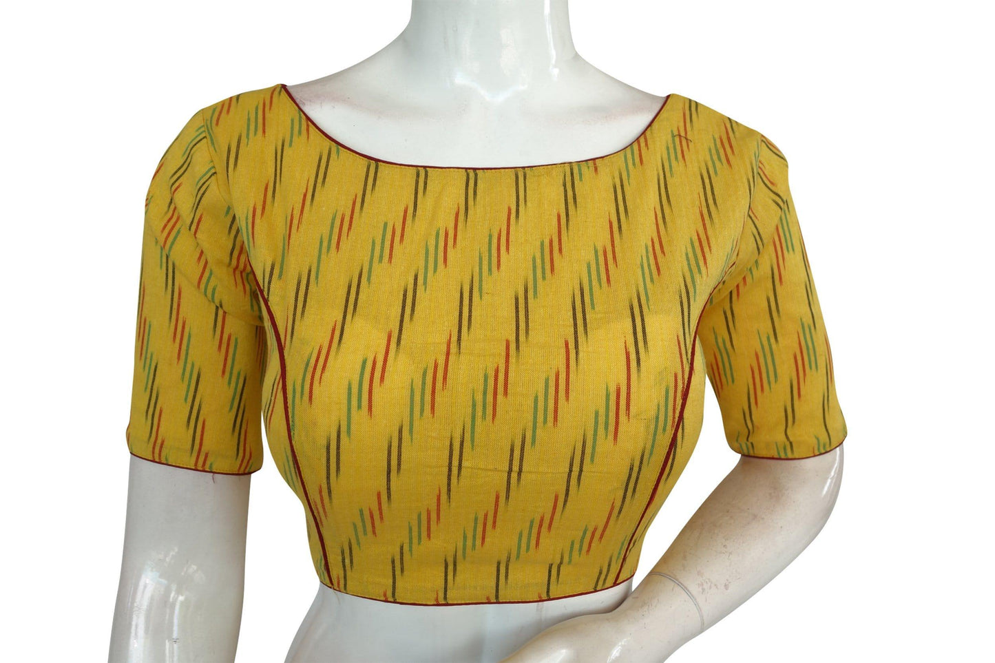 yellow color ikkat cotton boat neck readymade saree blouses