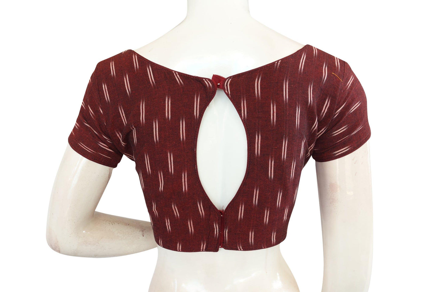 maroon color ikkat cotton boat neck readymade saree blouses