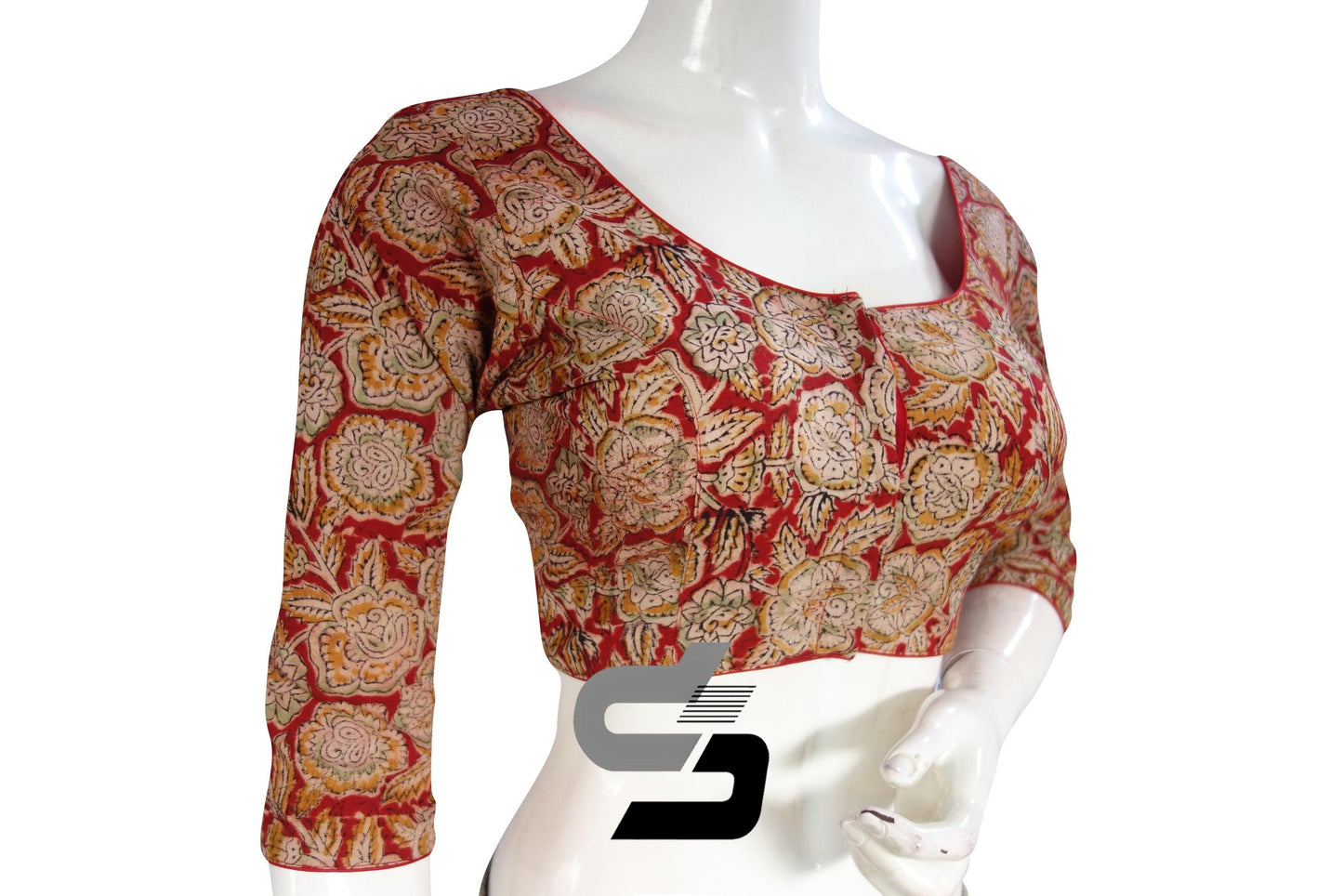 Kalamkari 3/4th Sleeves Readymade saree blouse , Indian Cotton Readymade blouse - D3blouses