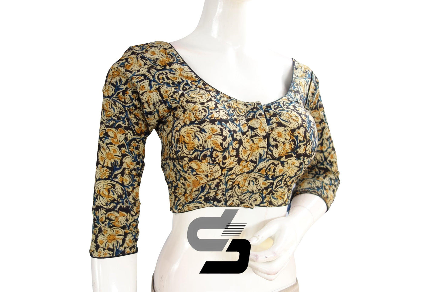 Kalamkari 3/4th Sleeves Readymade saree blouse , Indian Cotton Readymade blouse - D3blouses