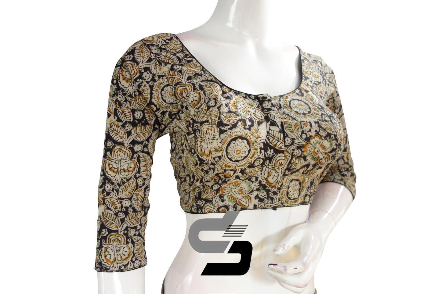 Kalamkari 3/4th Sleeves Readymade saree blouse , Indian Cotton Readymade blouse - D3blouses