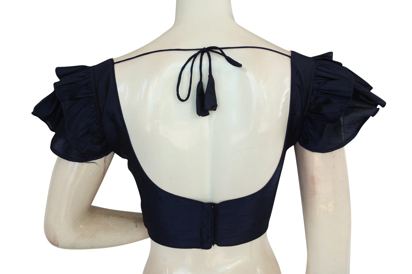 navy blue color plain semi silk designer frill sleeves readymade saree blouse