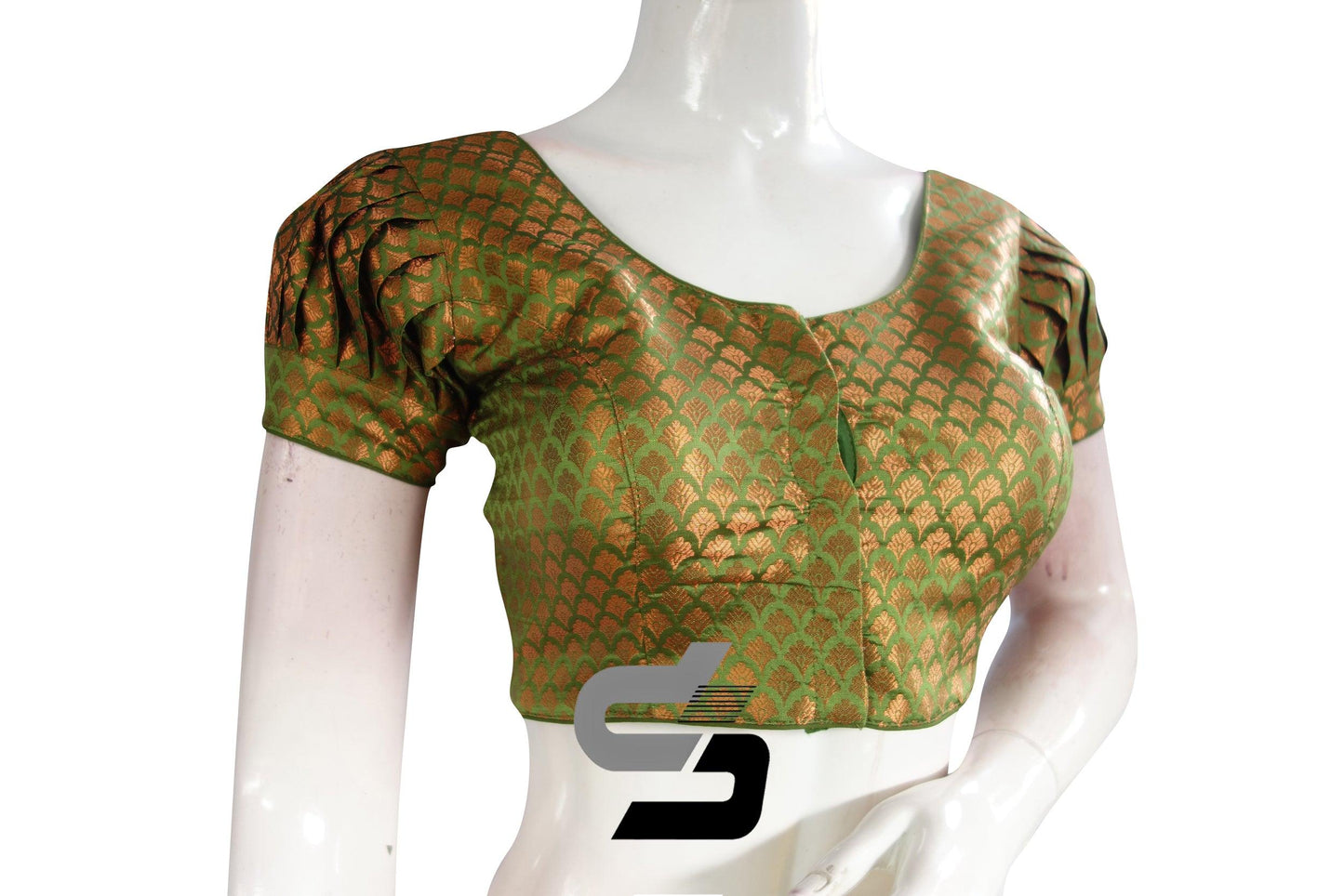 Green Color Brocade Puff Sleeves Readymade Saree Blouse - D3blouses